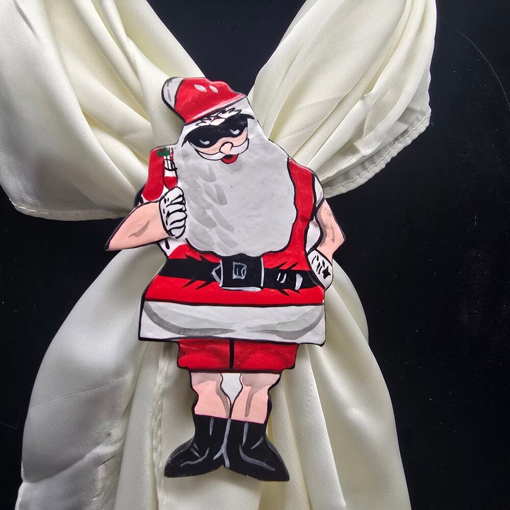 Santa with a Cocktail Scarf Clip Ring Slide Charm Hand Painted Wood VIntage 1980